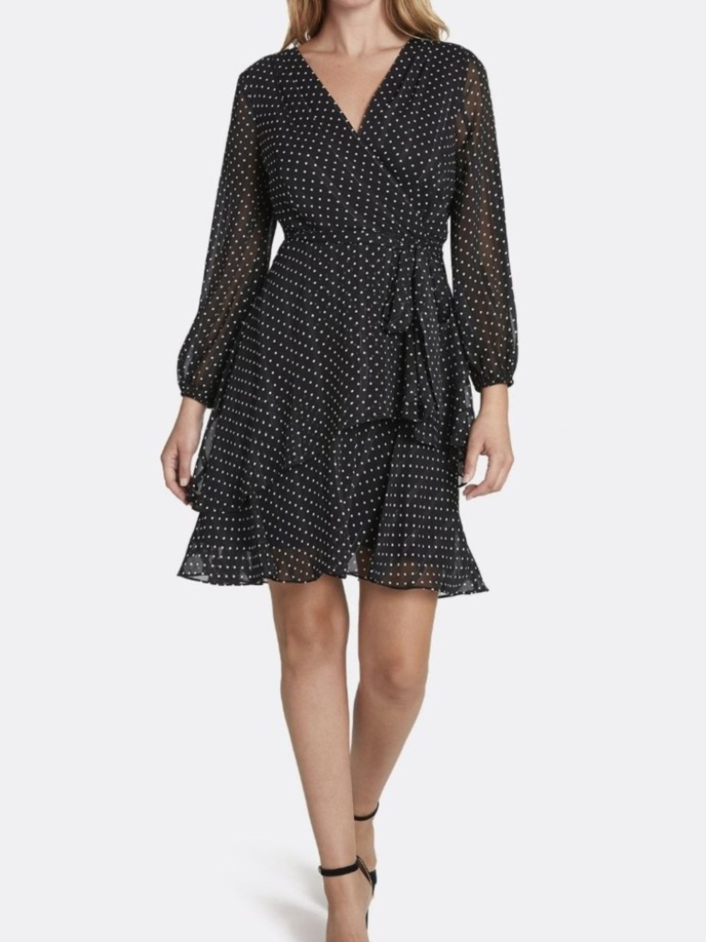 Tahari Arthur S. Levine Polka Dot Faux Wrap Flounce Dress Size 2 Black White